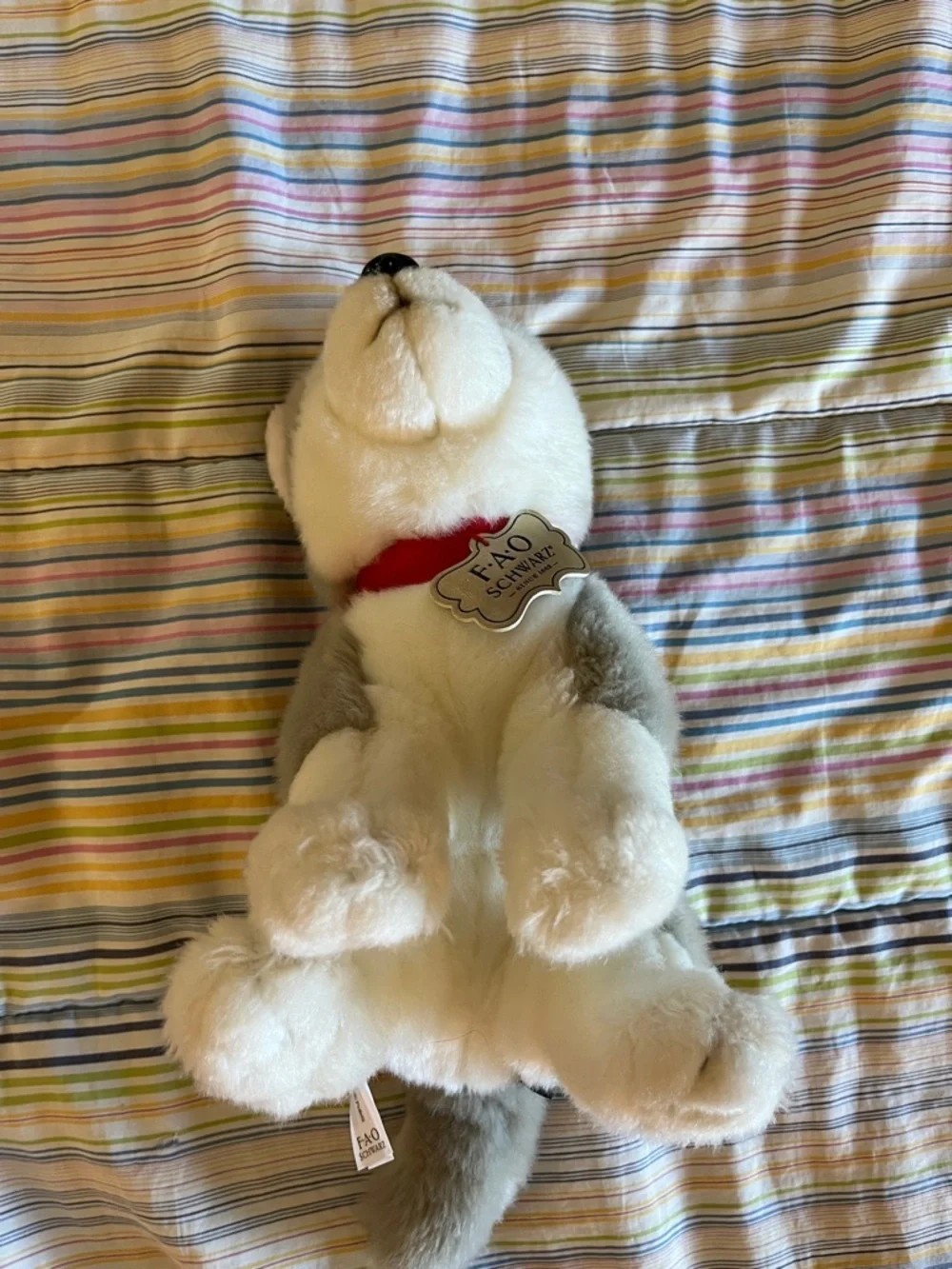FAO Schwarz Gray and White Husky Plush Puppy‎ with Red Collar